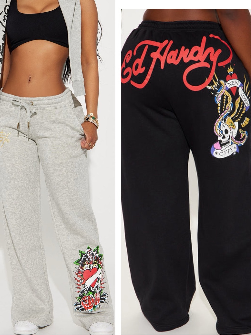 Ed Hardy Womens Large NYC Skull Graphics Leg Flare Sweatpants 2 for 1